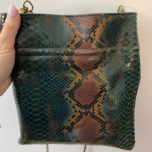 Free people snakeskin green and brown crossbody bag with gold chain